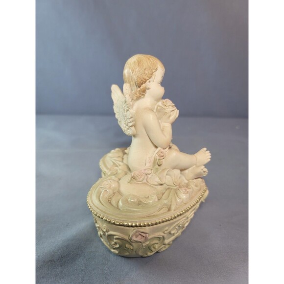 Cherub Trinket Heart Box Bisque Angel w/ Roses Jewelry Valentine Carved Case - Picture 5 of 12